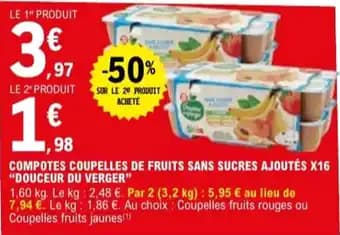 "DOUCEUR DU VERGER" Compotes coupelles de fruits sans sucres ajoutés x16 1.60 kg