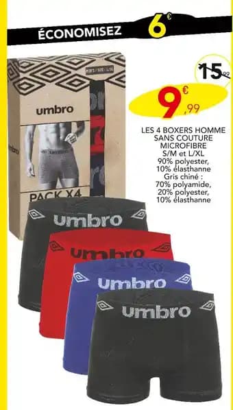 umbro Les 4 boxers homme sans couture microfibre s/m et l/xl