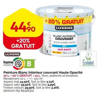 Luxens Peinture blanc intérieur couvrant haute opacité