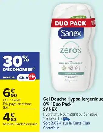 SANEX Gel Douche Hypoallergénique 0% "Duo Pack" 2 x 475 ml