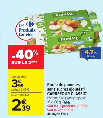CARREFOUR CLASSIC Purée de pommes sans sucres ajoutés 16 x 100 g
