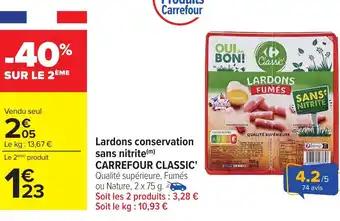 CARREFOUR CLASSIC Lardons conservation sans nitrite 2 x 75 g