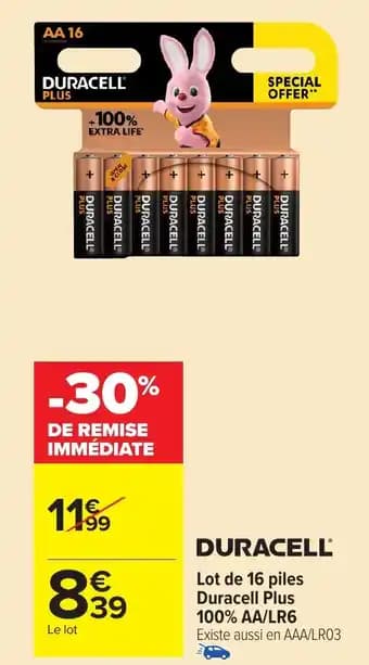 DURACELL Lot de 16 piles Duracell Plus 100% AA/LR6