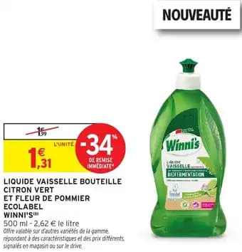 Liquide vaisselle bouteille citron vert et fleur de pommier ecolabel winni's 500 ml