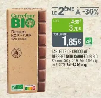 CARREFOUR BIO Tablette de chocolat dessert noir