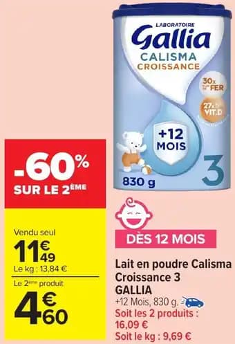 Lait en poudre Calisma Croissance 3 GALLIA 830 g