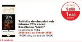 Tablette de chocolat noir intense 70% cacao Excellence Lindt 100 g