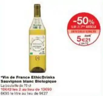 Vin de France EthicDrinks Sauvignon blanc Biologique 75 cl