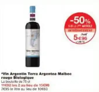 Vin Argentin Terra Argentea Malbec rouge Biologique 75 cl