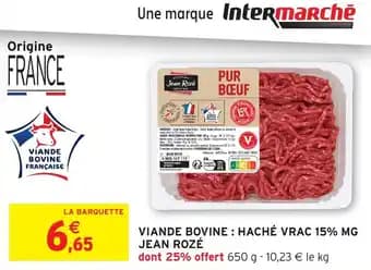 Viande bovine: haché vrac 15% mg jean rozé 650 g