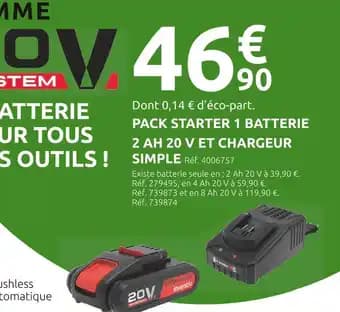 INVENTIV Pack starter 1 batterie 2 Ah 20 V et chargeur simple