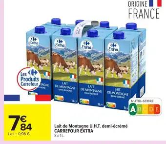 CARREFOUR EXTRA Lait de Montagne U.H.T. demi-écrémé 8 x 1 l