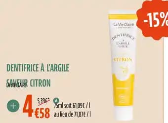 LA VIE CLAIRE Dentifrice à l'argile saveur citron