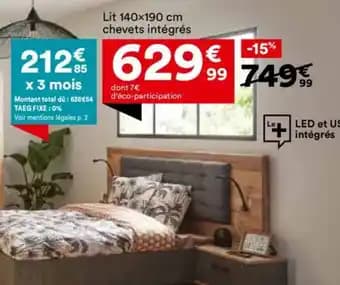 Lit 140x190 cm chevets intégrés