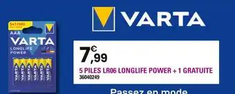 VARTA 5 piles lr06 longlife power + 1 gratuite
