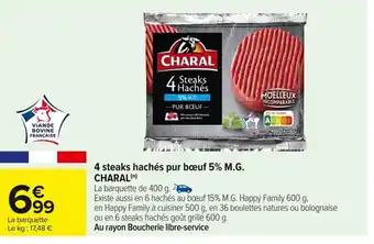 CHARAL 4 steaks hachés pur bœuf 5% M.G. 400 g