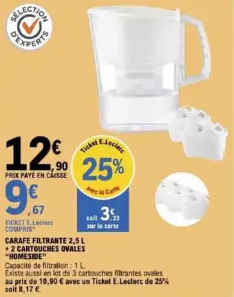 "HOMESIDE" Carafe filtrante + 2 cartouches ovales 2.5 L