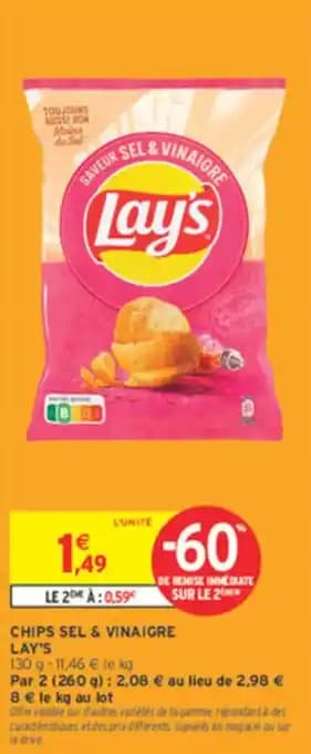 Chips sel & vinaigre lay's 130 g