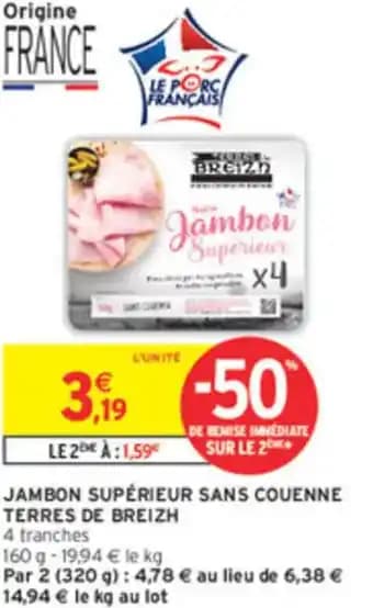 Jambon supérieur sans couenne terres de breizh 160 g