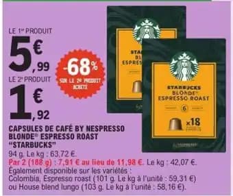 CAPSULES DE CAFÉ BY NESPRESSO BLONDE ESPRESSO ROAST 'STARBUCKS'