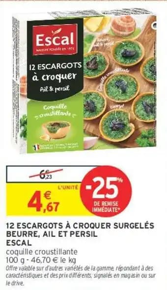 ESCAL 12 ESCARGOTS À CROQUER SURGELÉS BEURRE, AIL ET PERSIL