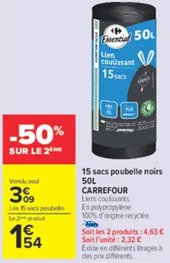 CARREFOUR 15 sacs poubelle noirs 50 l